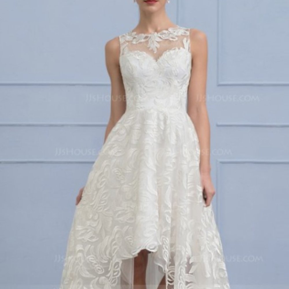 Wedding Dress - A-Line Scoop Neck Asymmetrical Lace Wedding Dress